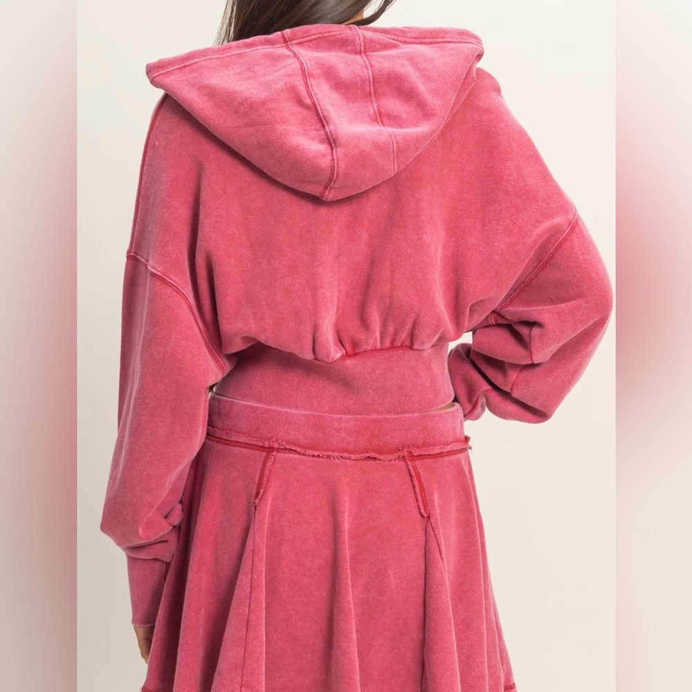 NWT Acid Washed Cropped Zip Up Terry Hoodie Crop Hooded Sweatshirt Dark Red - Picture 9 of 11